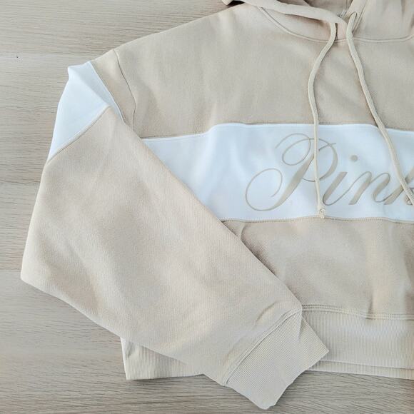 Victoria's Secret Pink Ivy Fleece Croppped Hoodie Sweatshirt Tan White Large - Picture 8 of 10